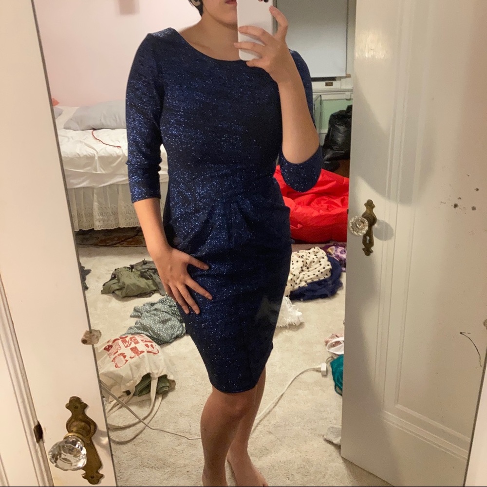 blue glittery bodycon midi dress